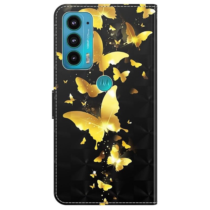 Nahkakotelo Motorola Moto E20 / E30 / E40 Murtumaton Puhelinkuoret Golden Butterflies -kuvitus