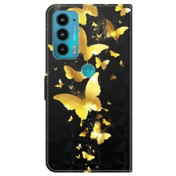 Nahkakotelo Motorola Moto E20 / E30 / E40 Murtumaton Puhelinkuoret Golden Butterflies -kuvitus