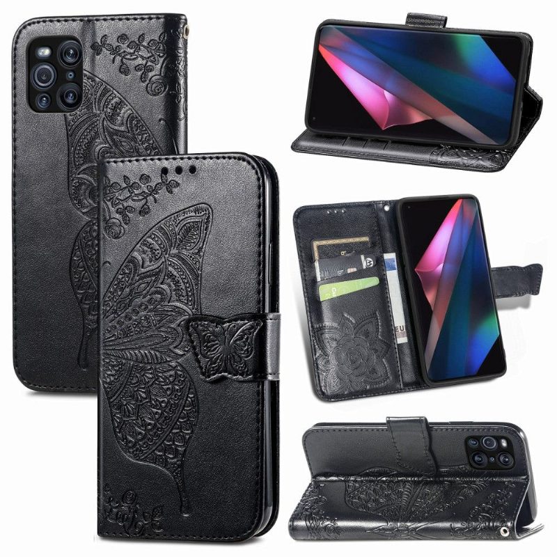 Flip Case Oppo Find X3 Pro Hemming Butterfly Relief