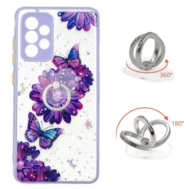 Kuori Samsung Galaxy A52 5G / A52 4G / A52s 5G Hemming Purppuraisia Kukkia Ja Perhosia Sormuksella