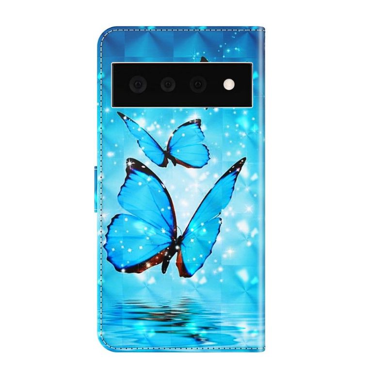 Flip Case Google Pixel 6 Pro Hemming Sparkling Blue Butterflies