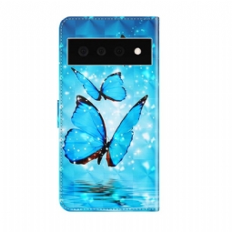 Flip Case Google Pixel 6 Pro Hemming Sparkling Blue Butterflies