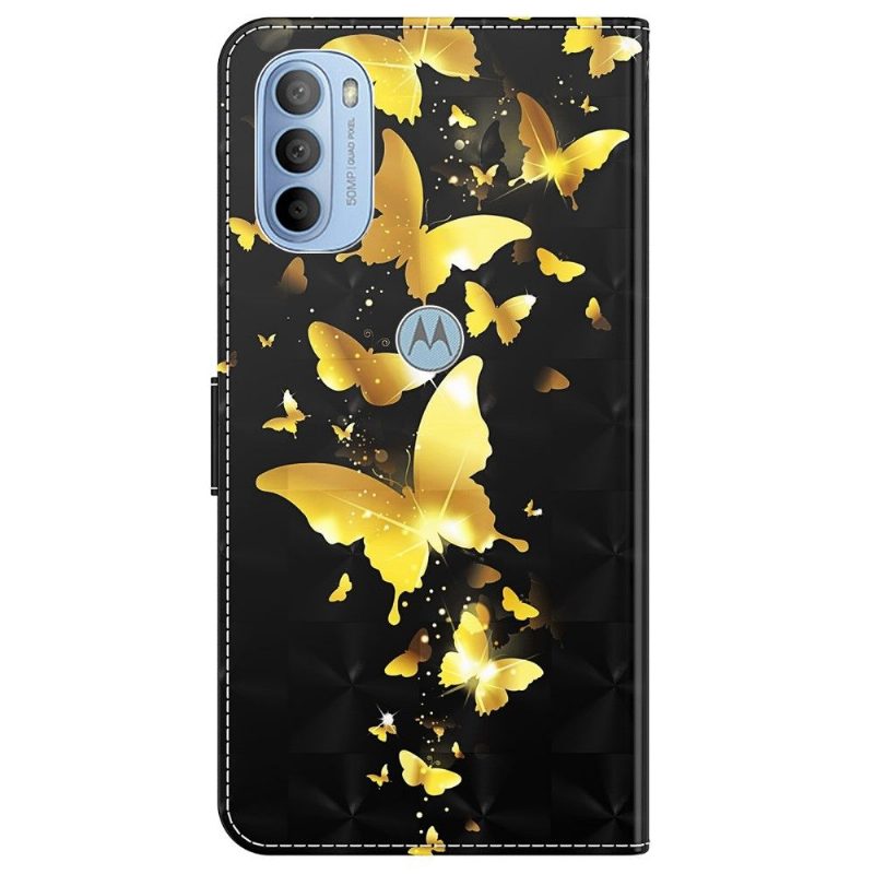 Nahkakotelo Motorola Moto G31 / Moto G41 Golden Butterflies -kuvitus