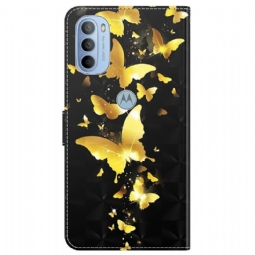 Nahkakotelo Motorola Moto G31 / Moto G41 Golden Butterflies -kuvitus