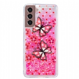 Kuori Samsung Galaxy S24 Plus 5g Red Butterflies Liquid Glitter Suojakuori