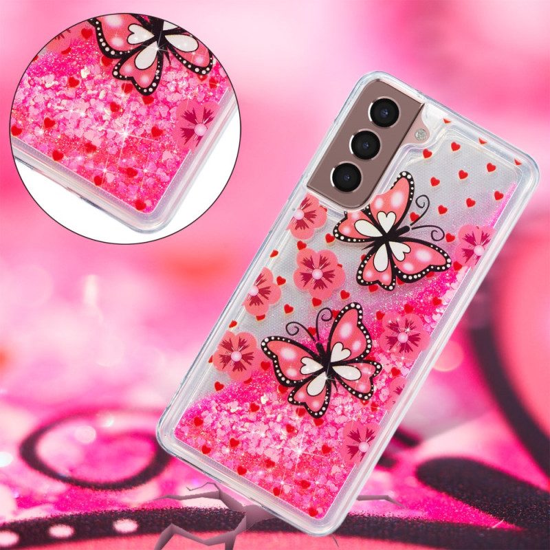 Kuori Samsung Galaxy S24 Plus 5g Red Butterflies Liquid Glitter Suojakuori