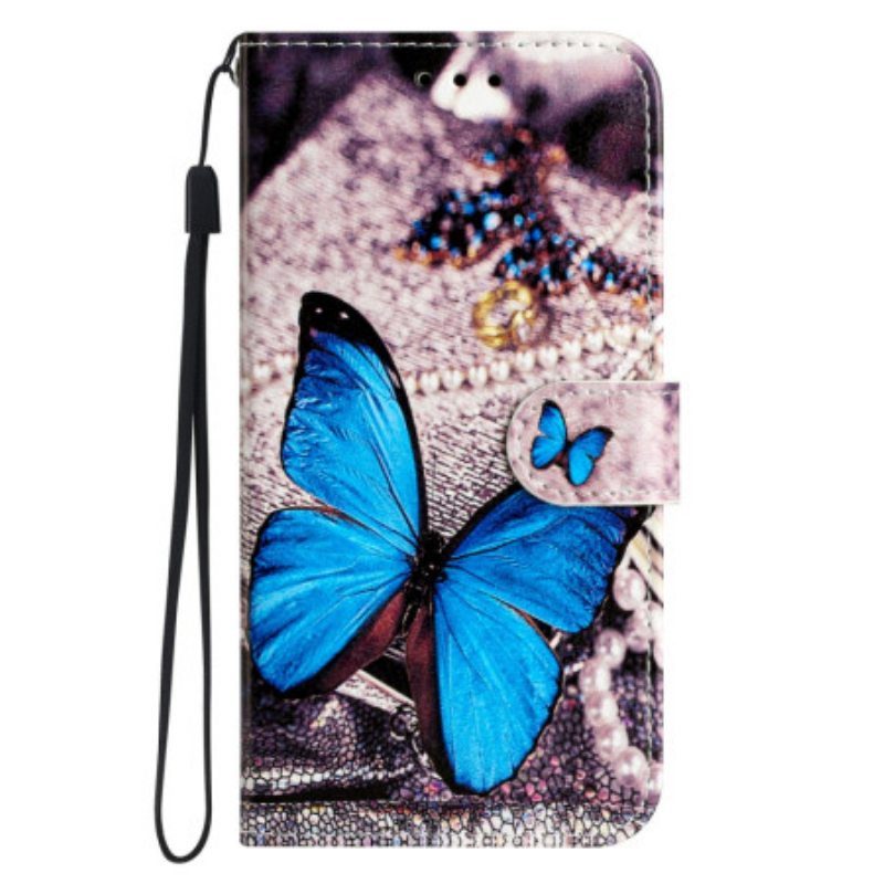 Kotelot Moto G73 5G Suojaketju Kuori Precious Blue Butterfly Hihnalla