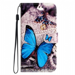 Kotelot Moto G73 5G Suojaketju Kuori Precious Blue Butterfly Hihnalla