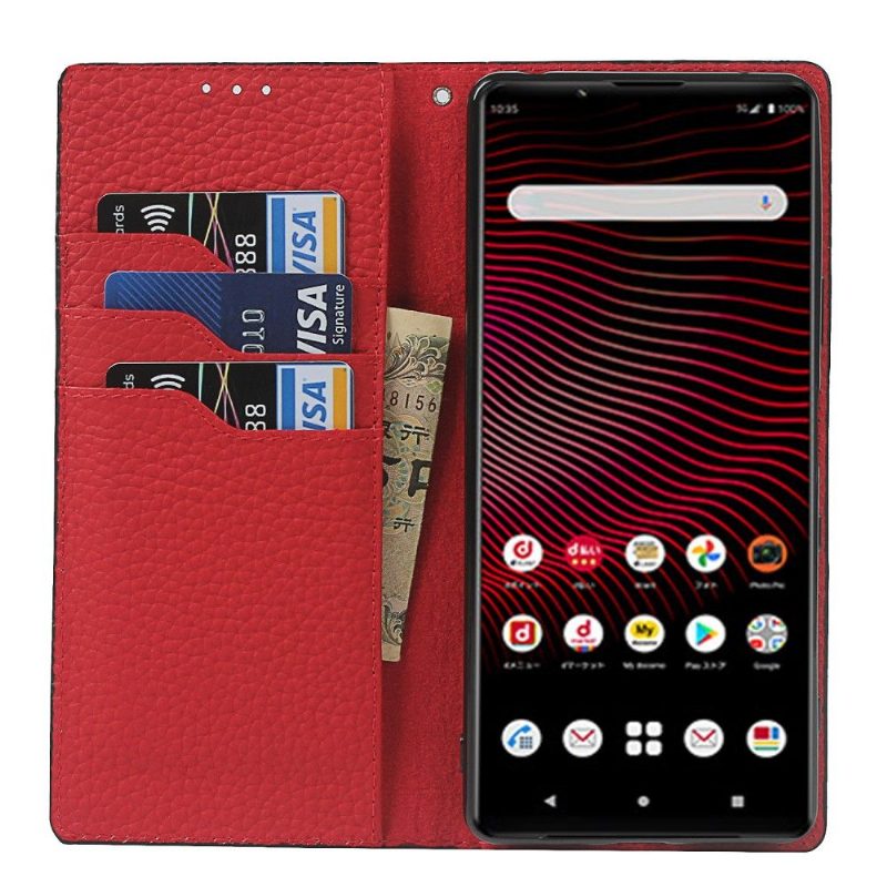 Flip Case Sony Xperia 1 III Hemming Rakeinen Nahka Hihnalla