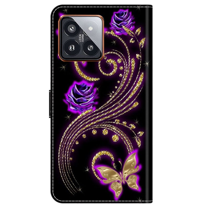 Kotelot Xiaomi 14 Pro Violetit Kukat Ja Perhoset