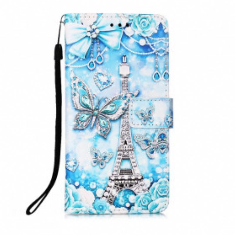 Flip Case Samsung Galaxy M12 / A12 Suojaketju Kuori Eiffel-tornin Perhoshihna