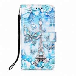 Flip Case Samsung Galaxy M12 / A12 Suojaketju Kuori Eiffel-tornin Perhoshihna