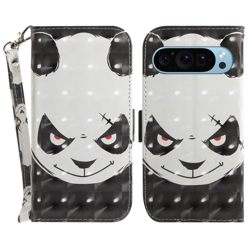 Nahkakotelo Google Pixel 9 Pro Angry Panda Love Hihnalla