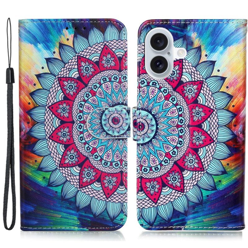 Nahkakotelo iPhone 16 Upea Mandala Hihnalla