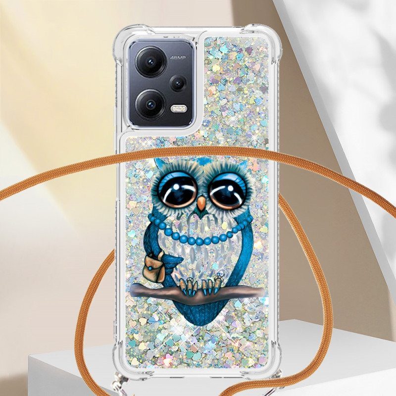 Case Poco X5 5G Kiristysnyörillä Paljetti Kiristysnyöri Miss Owl