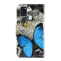 Flip Case Samsung Galaxy A21s Hemming Sininen Perhonen