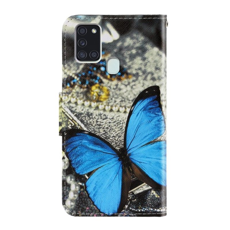 Flip Case Samsung Galaxy A21s Hemming Sininen Perhonen