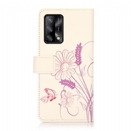 Flip Case Oppo A74 4G Hemming Kuvitus Kukat Ja Perhonen