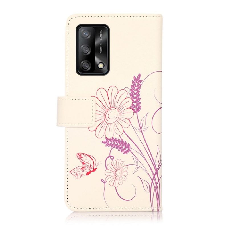 Flip Case Oppo A74 4G Hemming Kuvitus Kukat Ja Perhonen