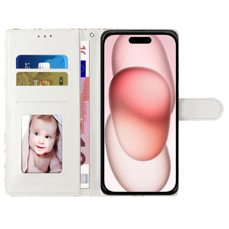 Nahkakotelo iPhone 16 Plus Aprikoosin Kukkia Hihnalla