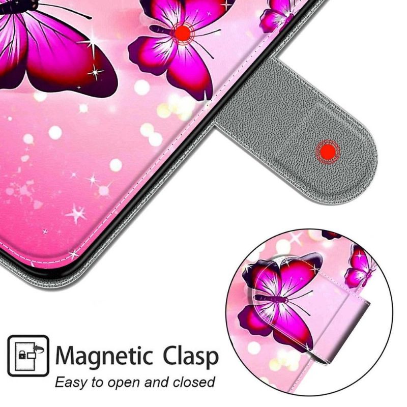 Flip Case Samsung Galaxy S22 Ultra 5G Hemming Vaaleanpunaiset Perhoset