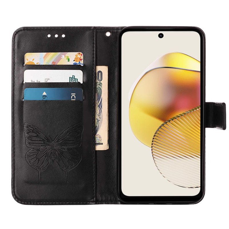 Flip Case Moto G73 5G Suojaketju Kuori Strappy Kukkaperhonen