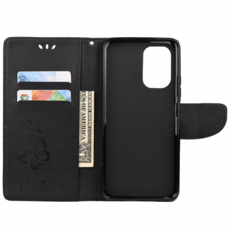 Flip Case Poco M5s Vain Perhosia Kaulanauhalla