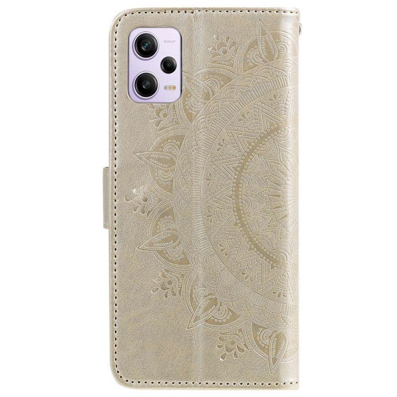 Flip Case Poco X5 Pro 5G Mandala-aurinko Kaulanauhalla