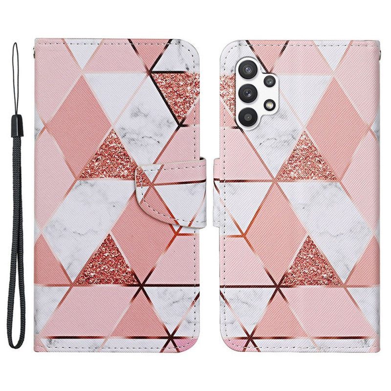 Flip Case Samsung Galaxy A13 Marmori Ja Paljetteja Hihnalla