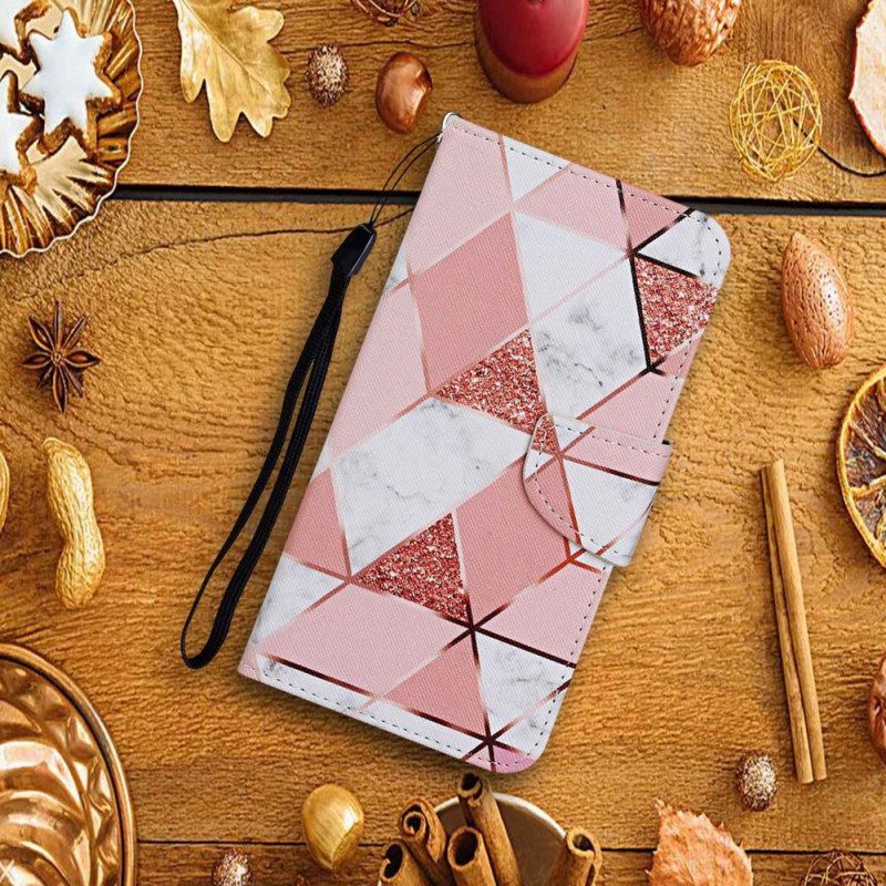 Flip Case Samsung Galaxy A13 Marmori Ja Paljetteja Hihnalla