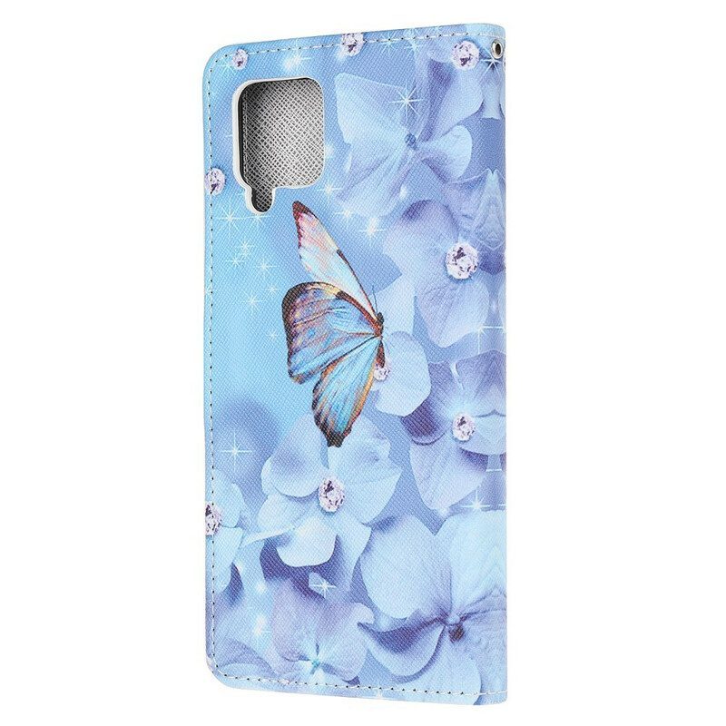 Flip Case Samsung Galaxy M12 / A12 Suojaketju Kuori Strappy Diamond Perhoset