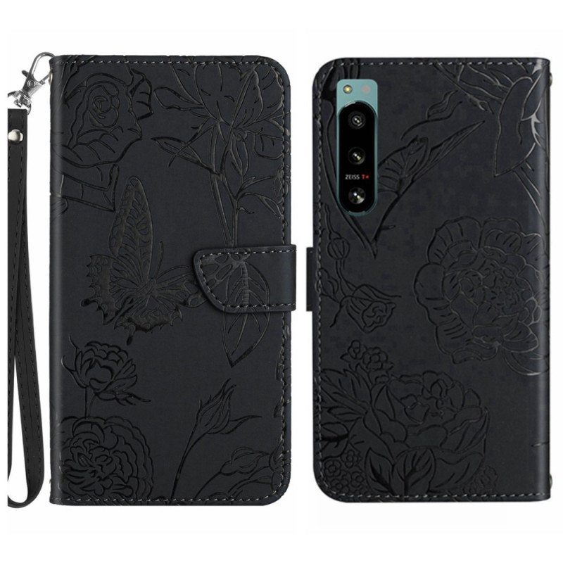 Flip Case Sony Xperia 5 IV Perhosia Kaulanauhalla