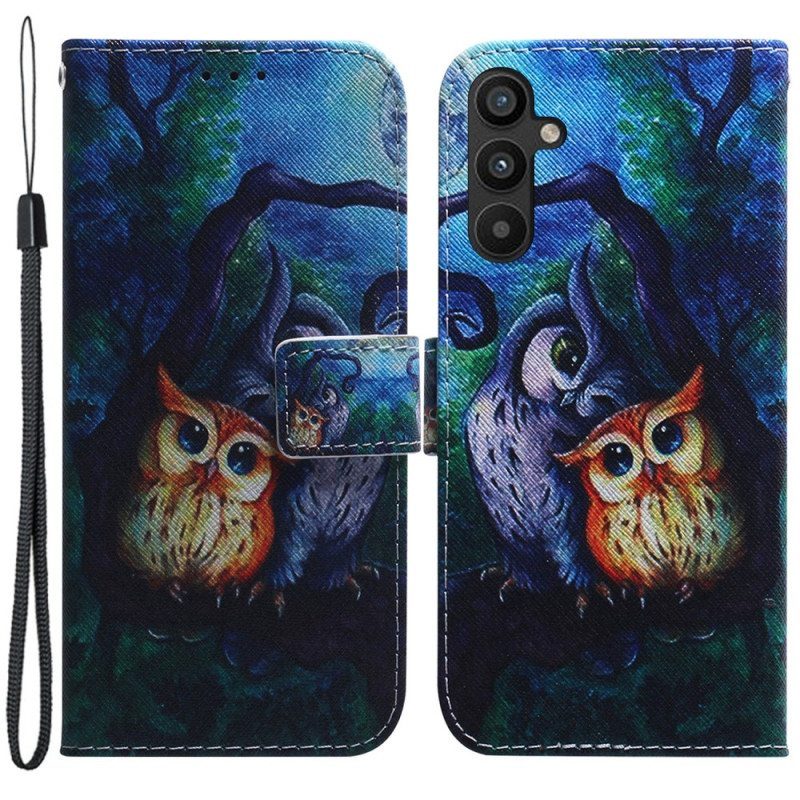 Kotelot Samsung Galaxy A54 5G Suojaketju Kuori Strappy Owls -maalaus