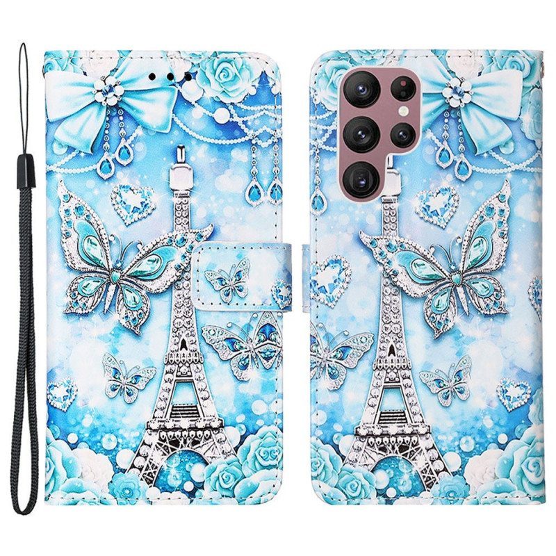 Kotelot Samsung Galaxy S23 Ultra 5G Suojaketju Kuori Eiffel-tornin Perhoshihna