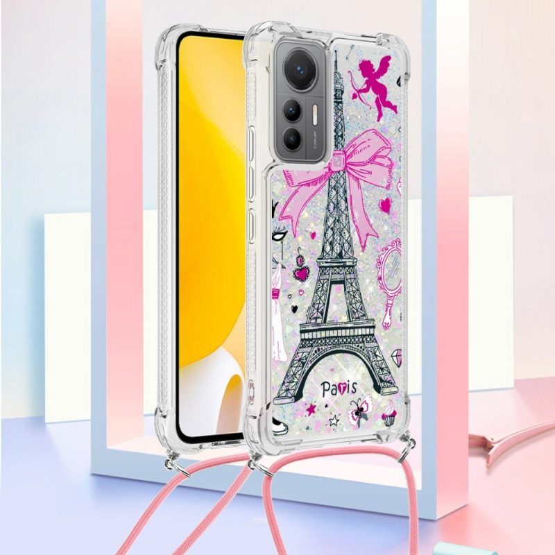 Kuori Xiaomi 12 Lite Kiristysnyörillä Eiffel-tornin Kimaltava Kiristysnyöri