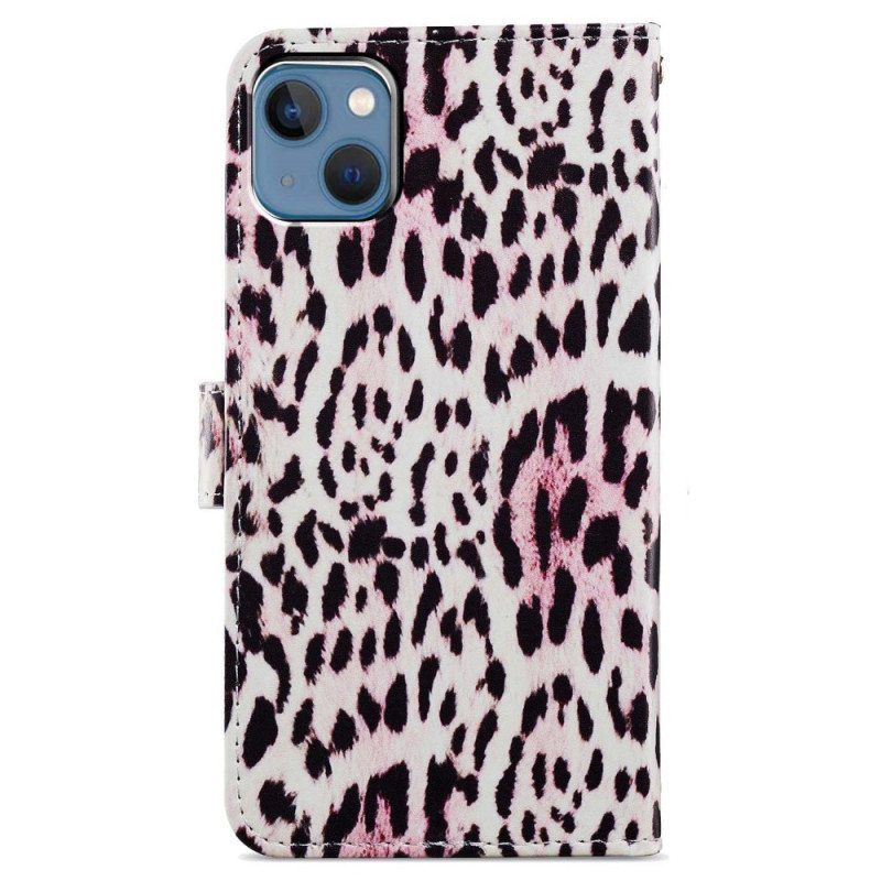 Nahkakotelo iPhone 15 Plus Suojaketju Kuori Leopard-ihoefekti Hihnalla