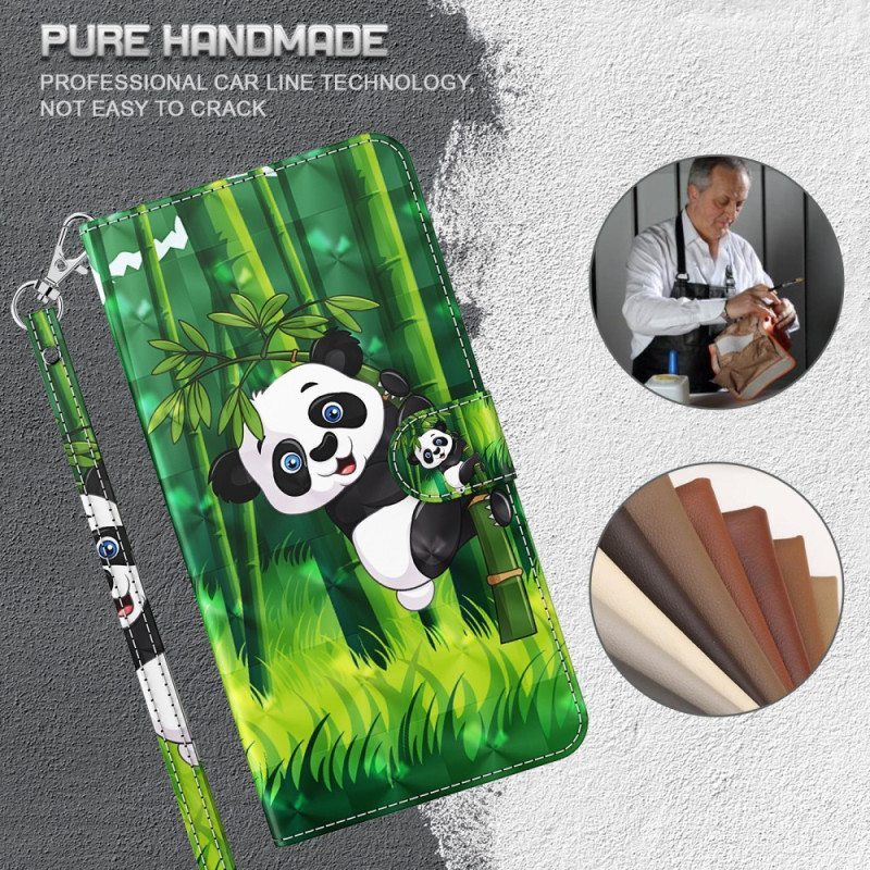 Nahkakotelo iPhone 15 Pro Suojaketju Kuori 3d Bamboo Panda Hihnalla