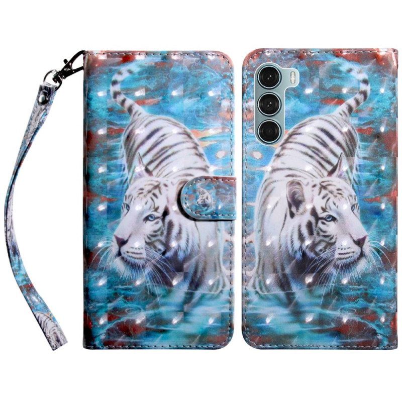 Nahkakotelo Oppo A54 5G / A74 5G Tiger Faux Nahka Kaulanauhalla