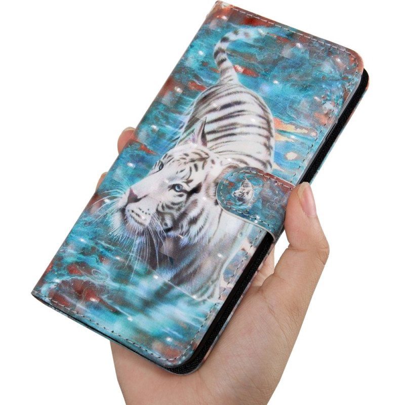 Nahkakotelo Oppo A54 5G / A74 5G Tiger Faux Nahka Kaulanauhalla