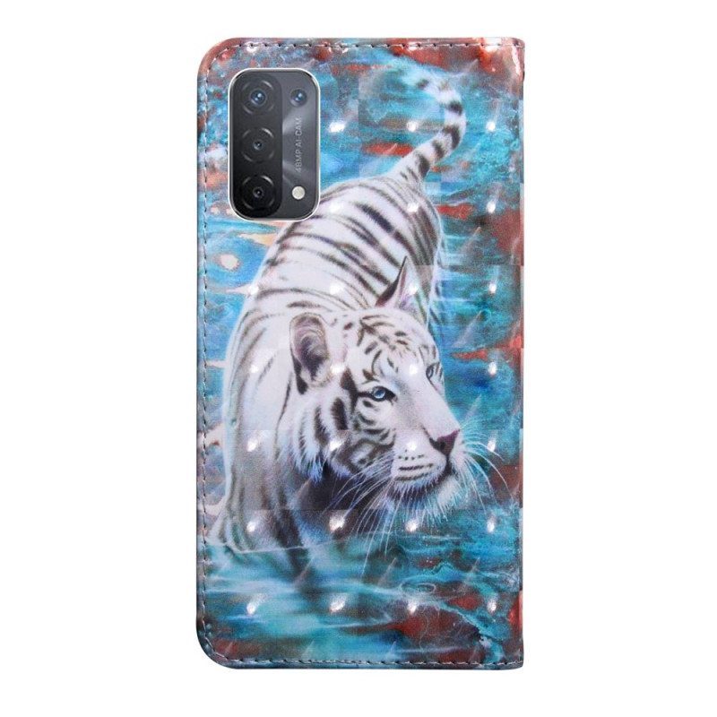 Nahkakotelo Oppo A54 5G / A74 5G Tiger Faux Nahka Kaulanauhalla