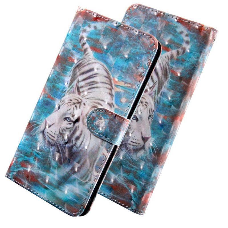 Nahkakotelo Oppo A54 5G / A74 5G Tiger Faux Nahka Kaulanauhalla