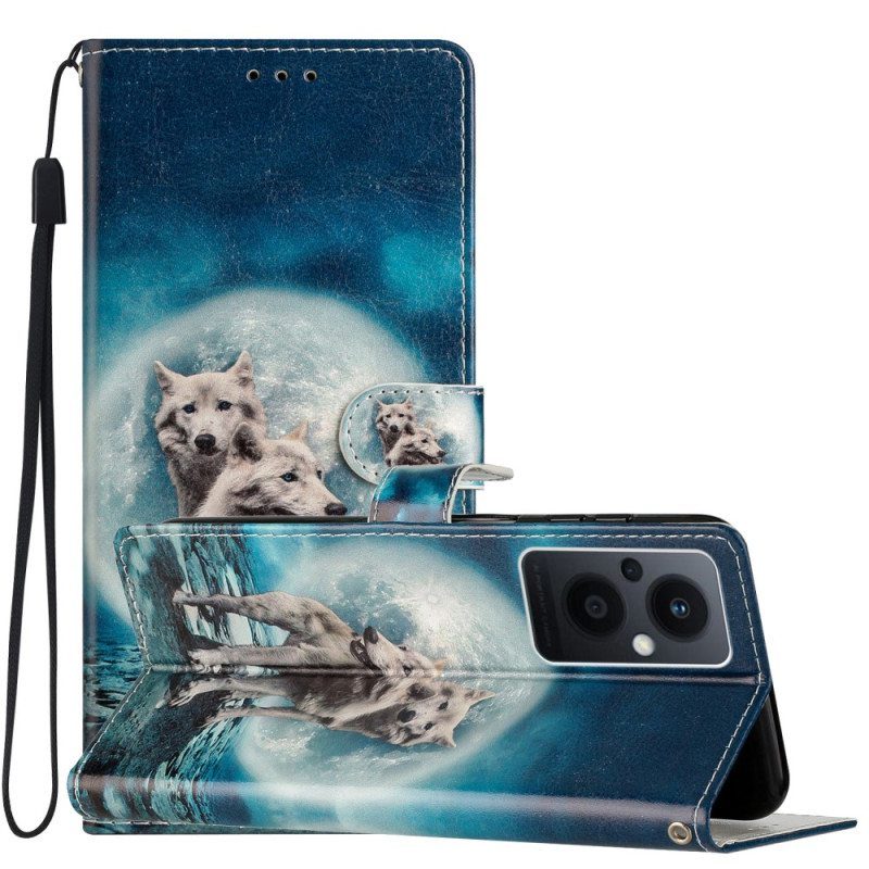 Nahkakotelo Oppo Reno 8 Lite Suojaketju Kuori Lanyard Wolf