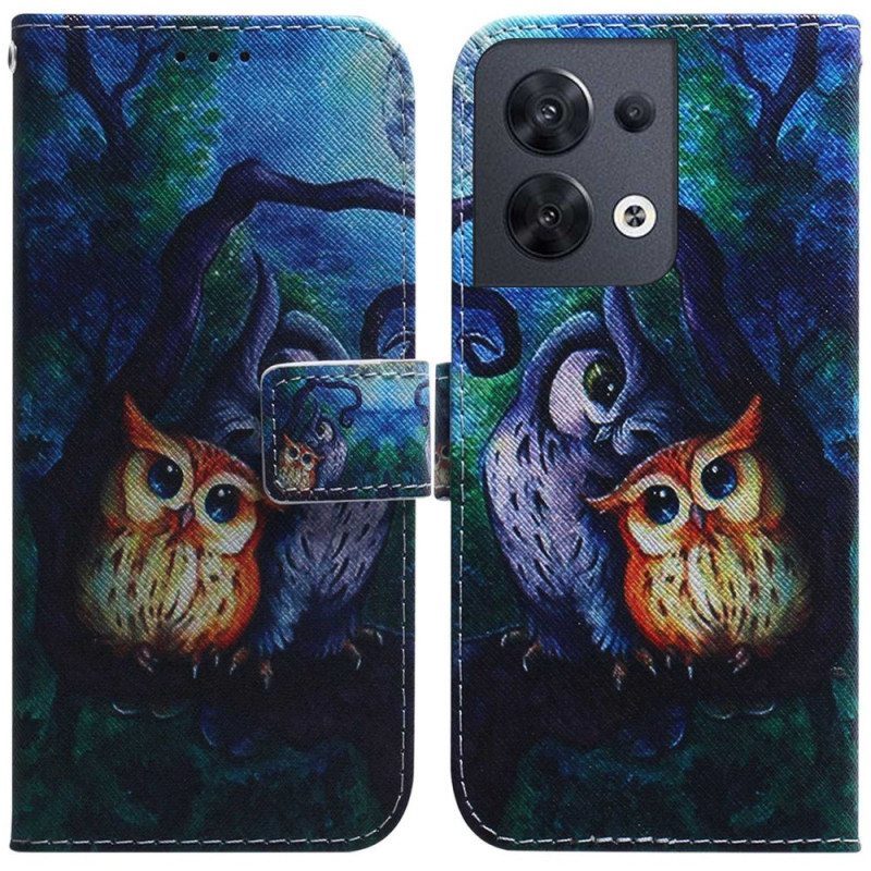 Nahkakotelo Oppo Reno 8 Suojaketju Kuori Strappy Owls -maalaus