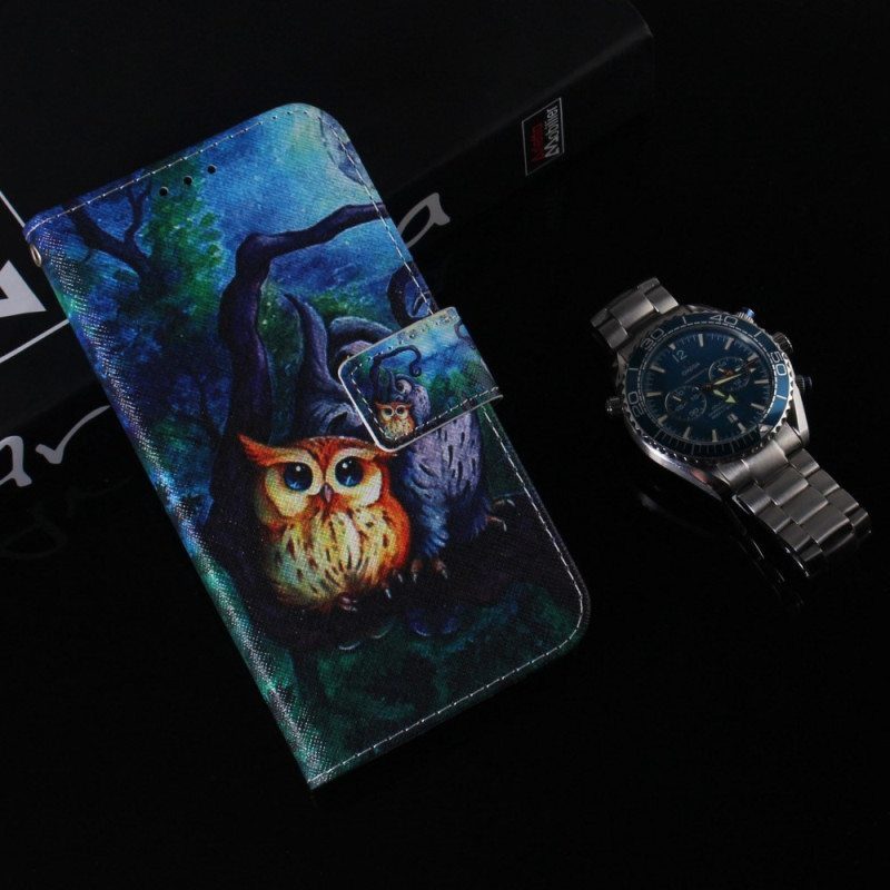 Nahkakotelo Oppo Reno 8 Suojaketju Kuori Strappy Owls -maalaus